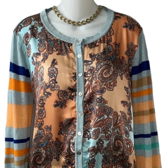 Gorgeous Sundance light blue & orange Paisley Button Down Silk & Linen Cardigan - Picture 3 of 9
